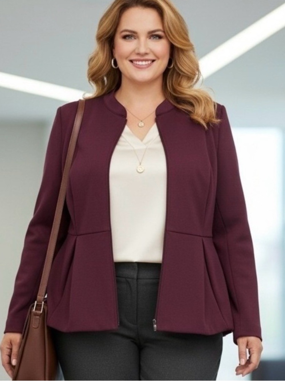 Lane Bryant Women’s Burgundy Peplum Full Zip Front Blazer Jacket Topper Size 16